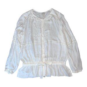 CHICOS'S Ivory Crochet Inset Pleated Long Sleeve Button Down Waist Belt